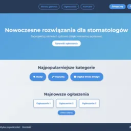 Strona internetowa z nowoczesnym designem dla stomatologów, prezentująca popularne kategorie usług dentystycznych, takie jak mosty i implanty, oraz najnowsze ogłoszenia.