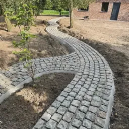 Kręta ścieżka z kostki brukowej prowadząca przez ogród, z młodym drzewkiem po lewej stronie i domem z cegły w tle.