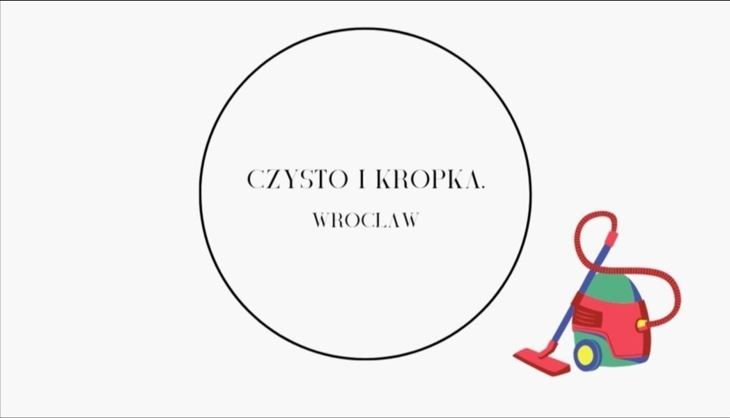Grafika z logo firmy sprzątającej 'Czysto i Kropka' z Wrocławia, obok stylizowany rysunek kolorowego odkurzacza.