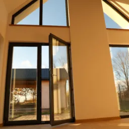 Wnętrze domu w stanie deweloperskim z dużymi oknami trójkątnymi i otwartymi drzwiami balkonowymi z czarnymi ramami, widok na ogród i sąsiedni budynek.