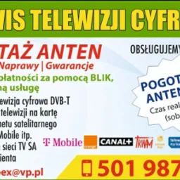 Ogłoszenie reklamowe serwisu telewizji cyfrowej oferującego montaż anten, sprzedaż, naprawy, gwarancje, doładowania telewizji na kartę i pogotowie antenowe.