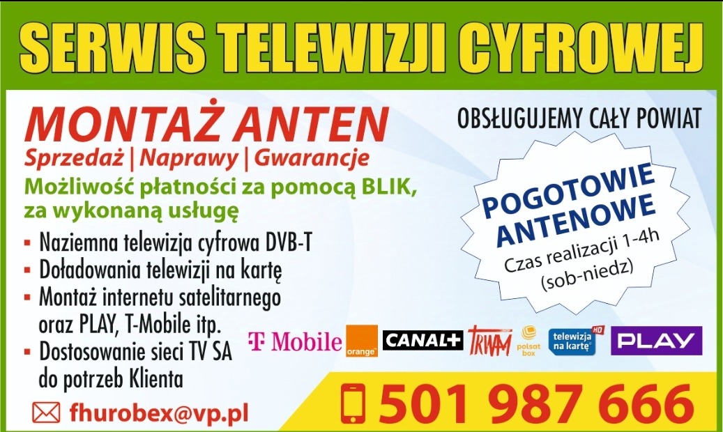 Ogłoszenie reklamowe serwisu telewizji cyfrowej oferującego montaż anten, sprzedaż, naprawy, gwarancje, doładowania telewizji na kartę i pogotowie antenowe.
