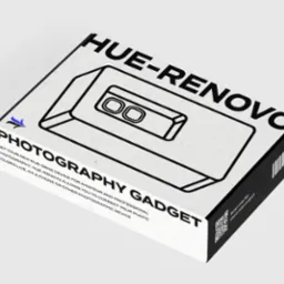 Grafika pudełka produktu HUE-RENOVO, gadżetu fotograficznego do korekcji kolorów na telefonie, z widocznym kodem QR do zeskanowania w celu uzyskania więcej informacji.