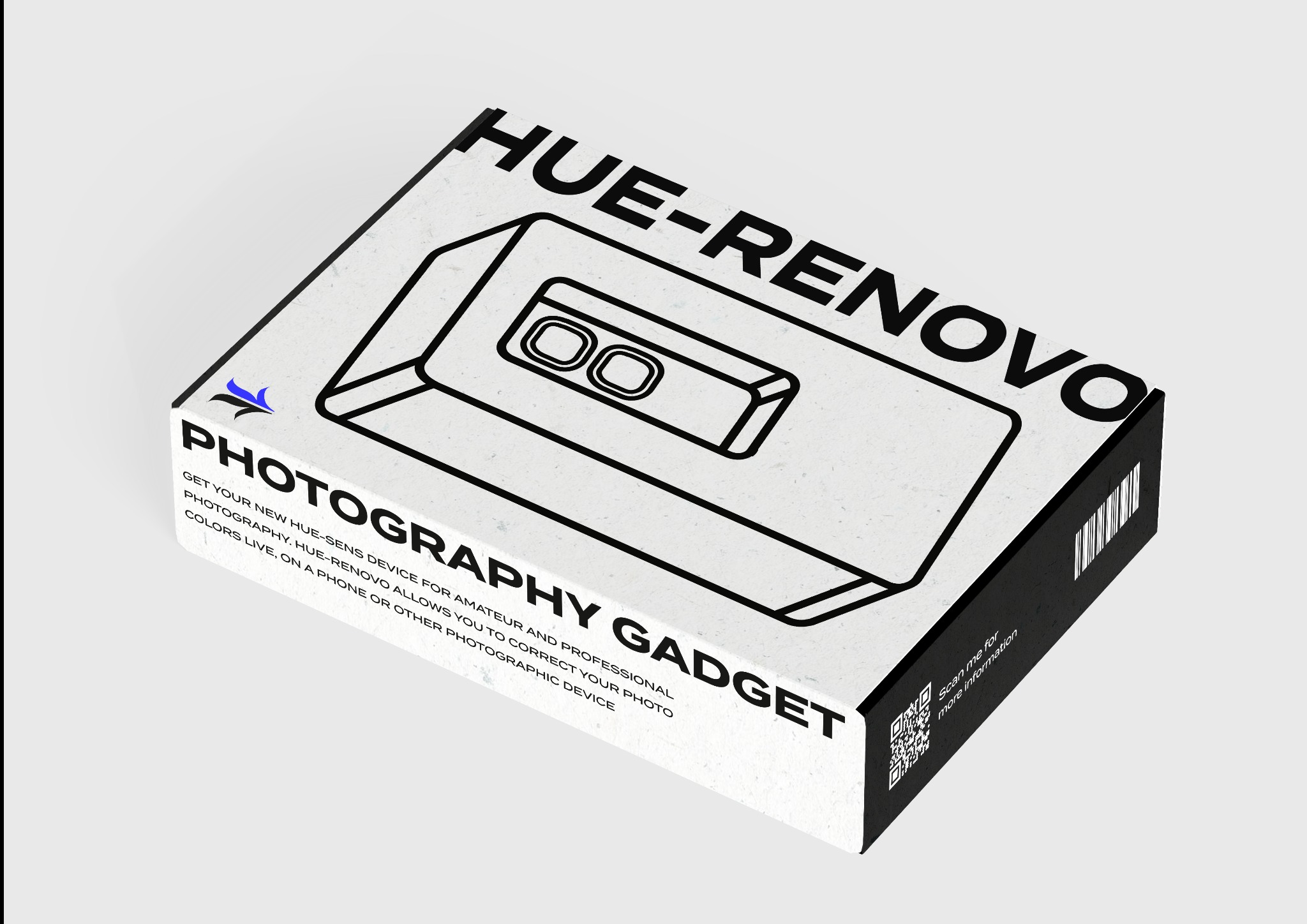 Grafika pudełka produktu HUE-RENOVO, gadżetu fotograficznego do korekcji kolorów na telefonie, z widocznym kodem QR do zeskanowania w celu uzyskania więcej informacji.