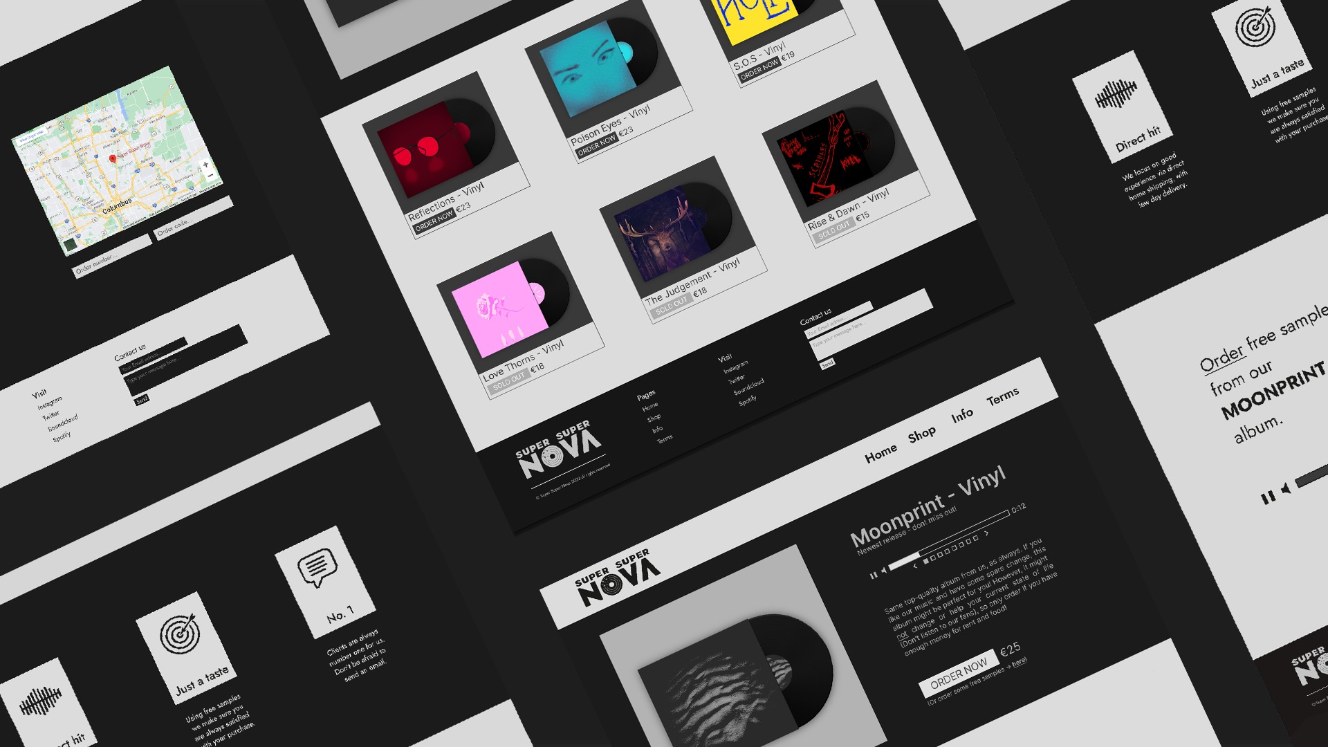 E-commerce strona internetowa z ofertą płyt winylowych różnych artystów, prezentująca okładki albumów i przyciski zakupu.