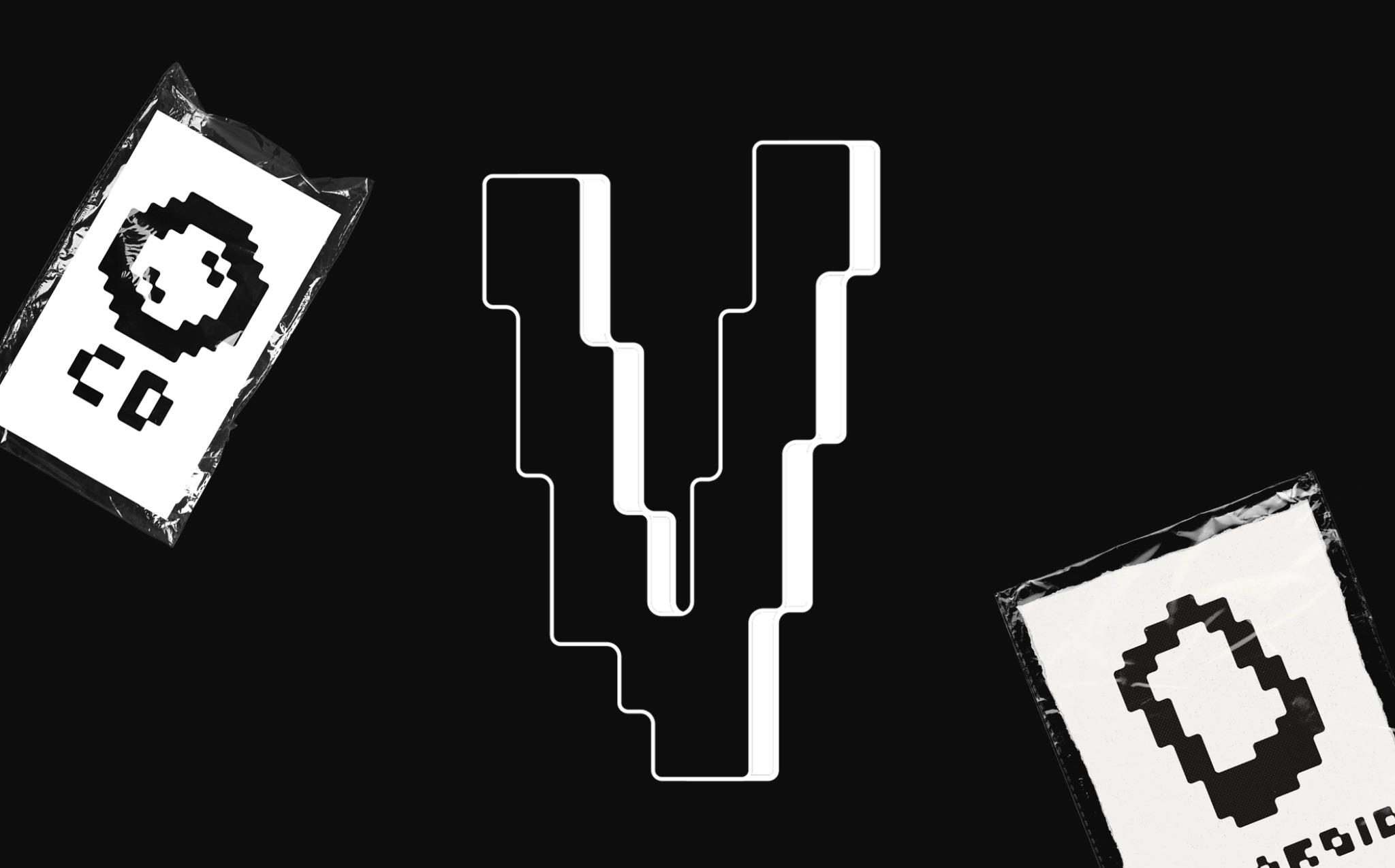 Dwa zapakowane w folię arkusze z grafiką pikselową oraz biały, geometryczny logotyp na czarnym tle.