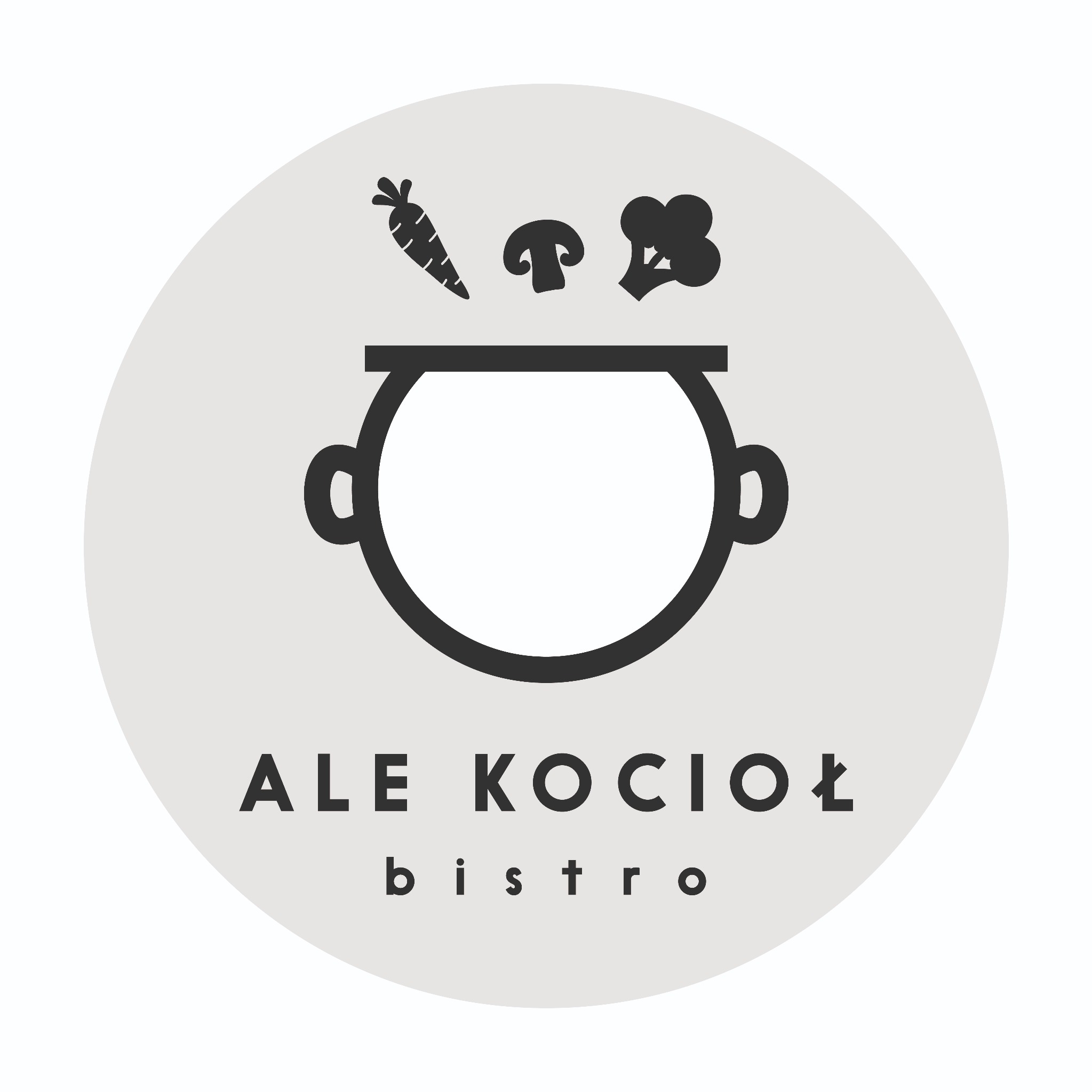 Grafika przedstawia logo bistro 'ALE KOCIOŁ' z motywem gotującego się garnka, z którego unoszą się sylwetki warzyw: marchewki, pieczarki i brokuła.