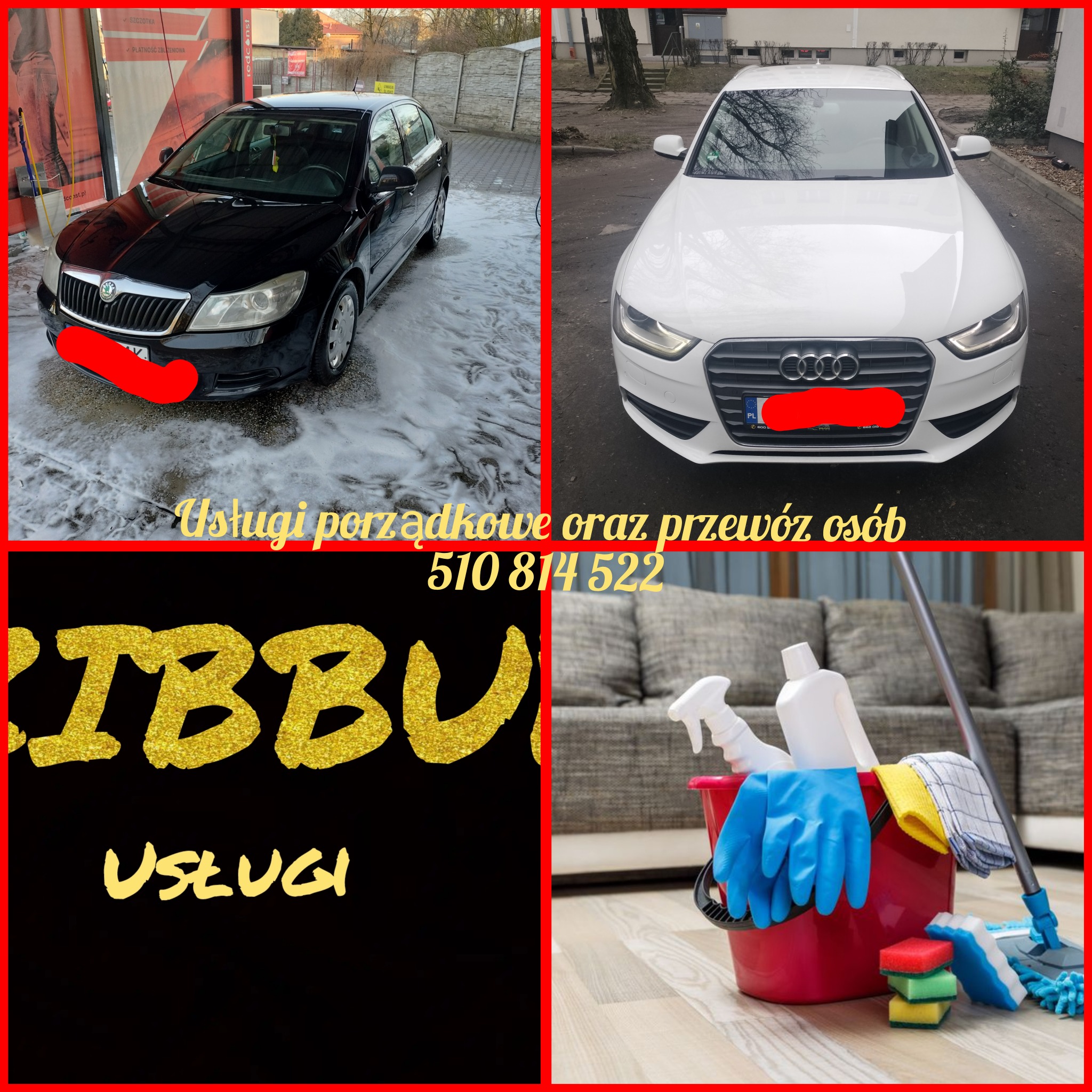 Kolaż: Czarny samochód myty pianą w myjni, białe Audi na parkingu, wiadro ze środkami czystości i mopem na parkiecie, tekst reklamowy złotą czcionką na czarnym tle.