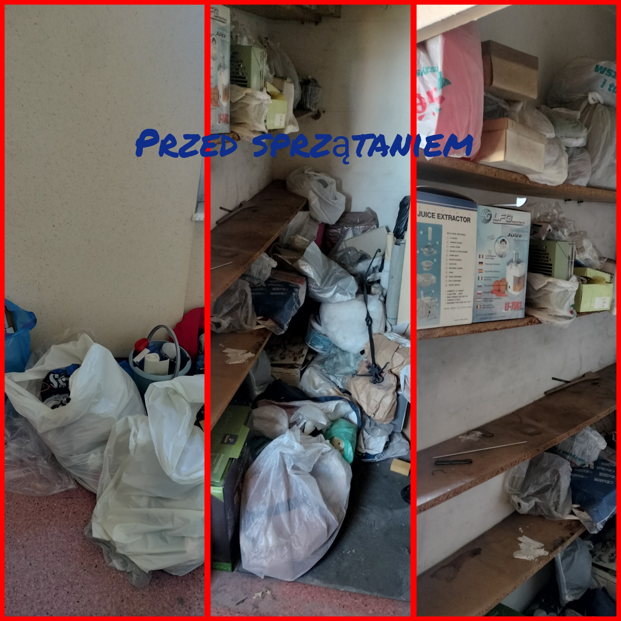 Zaniedbane pomieszczenie przed sprzątaniem: zagracone półki, worki z odpadami, kartony, widoczne zabrudzenia na ścianach i podłodze.