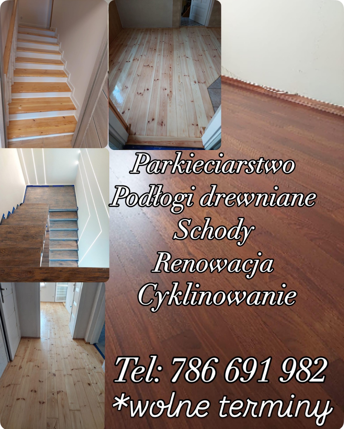 Kolaż zdjęć przedstawiający świeżo położony parkiet z jasnego drewna na podłodze oraz schodach wewnątrz domu, widoczne różne etapy wykończenia i kolory drewna.