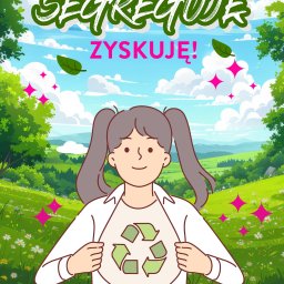 Magdalena - Ilustracja przedstawiająca dziewczynę z symbolem recyklingu na koszulce, na tle krajobrazu z hasłem 'Segreguję, zyskuję!' i elementami graficznymi liści i gwiazd.