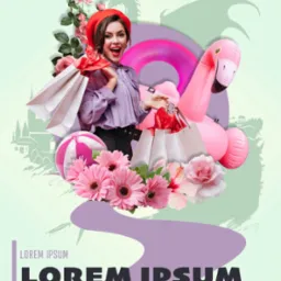 Kolaż reklamowy z uśmiechniętą kobietą w czerwonym berecie trzymającą torby na zakupy, różowym flamingiem, kwiatami i logotypem M1 na jasnym tle z elementami graficznymi.