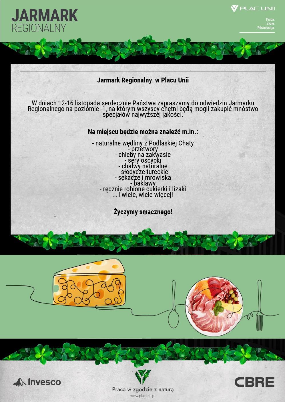 Grafika reklamowa Jarmarku Regionalnego w Placu Unii, prezentująca ofertę: wędliny, przetwory, chleby, sery, chałwy, słodycze, sękacze, baklawa, cukierki, z ilustracjami sera i talerza wędlin.