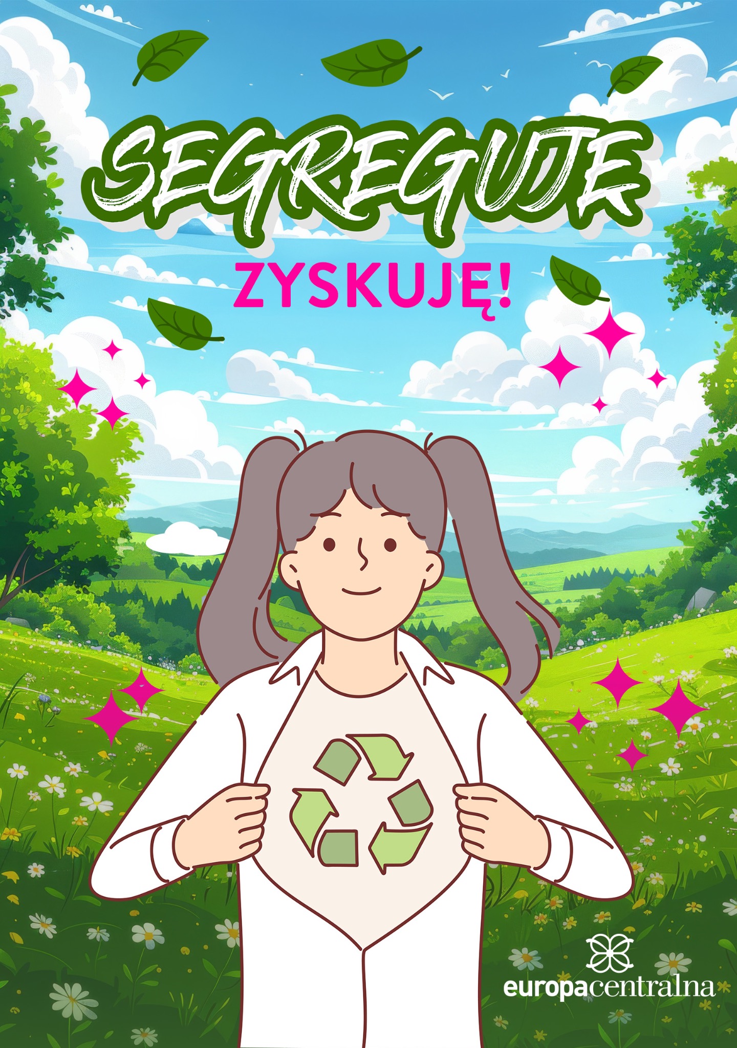 Ilustracja przedstawiająca dziewczynę z symbolem recyklingu na koszulce, na tle krajobrazu z hasłem 'Segreguję, zyskuję!' i elementami graficznymi liści i gwiazd.