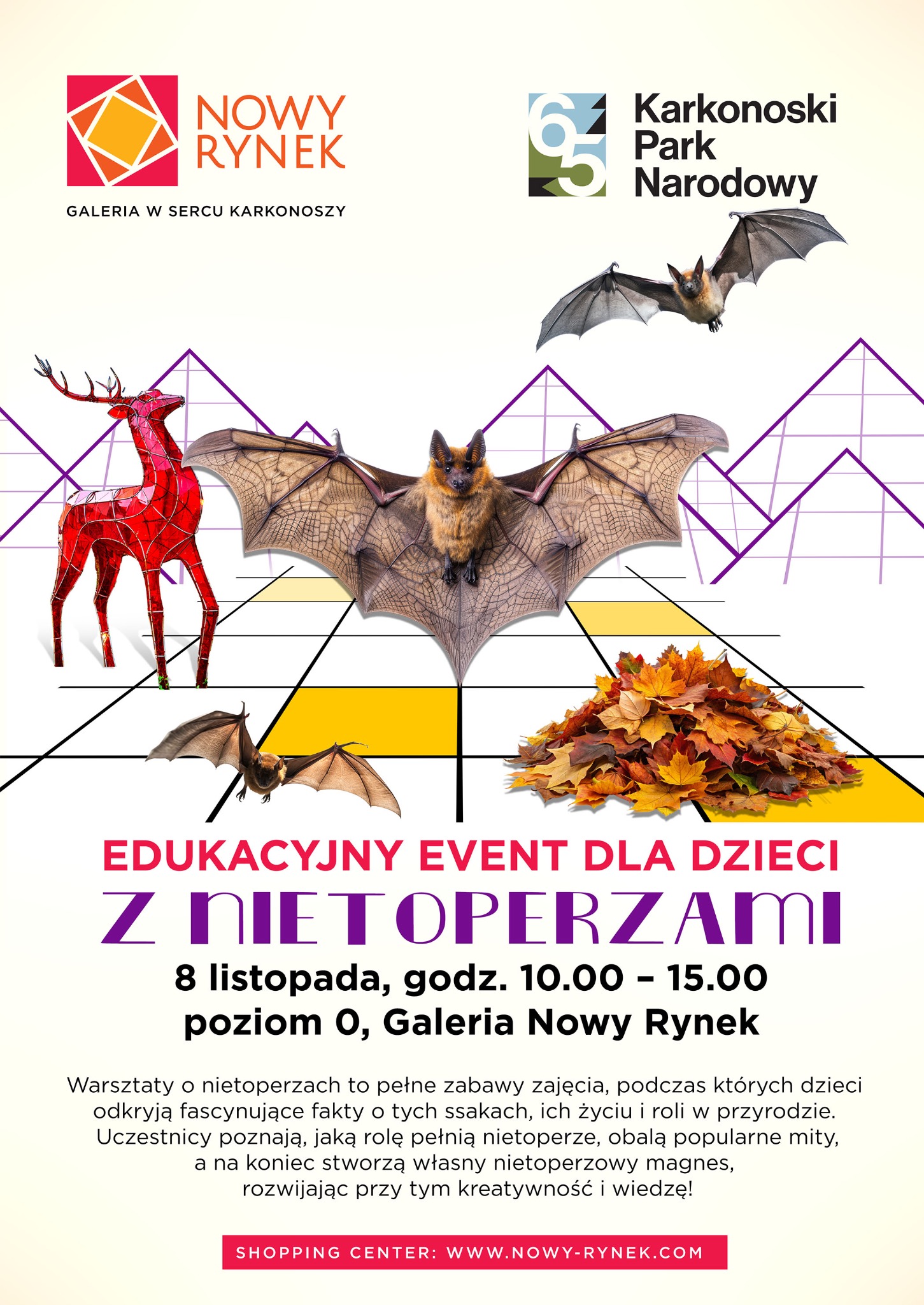 Plakat reklamowy edukacyjnego wydarzenia dla dzieci o nietoperzach, z motywami nietoperzy, liści i geometrycznym tłem, promujący Galerię Nowy Rynek w Karkonoszach.