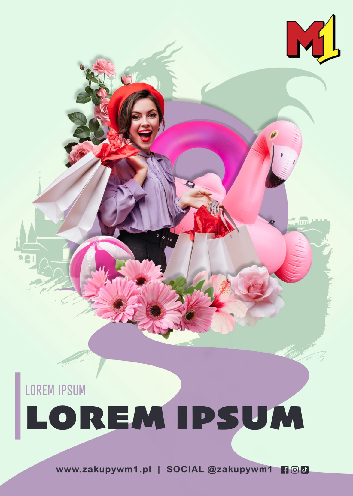 Kolaż reklamowy z uśmiechniętą kobietą w czerwonym berecie trzymającą torby na zakupy, różowym flamingiem, kwiatami i logotypem M1 na jasnym tle z elementami graficznymi.