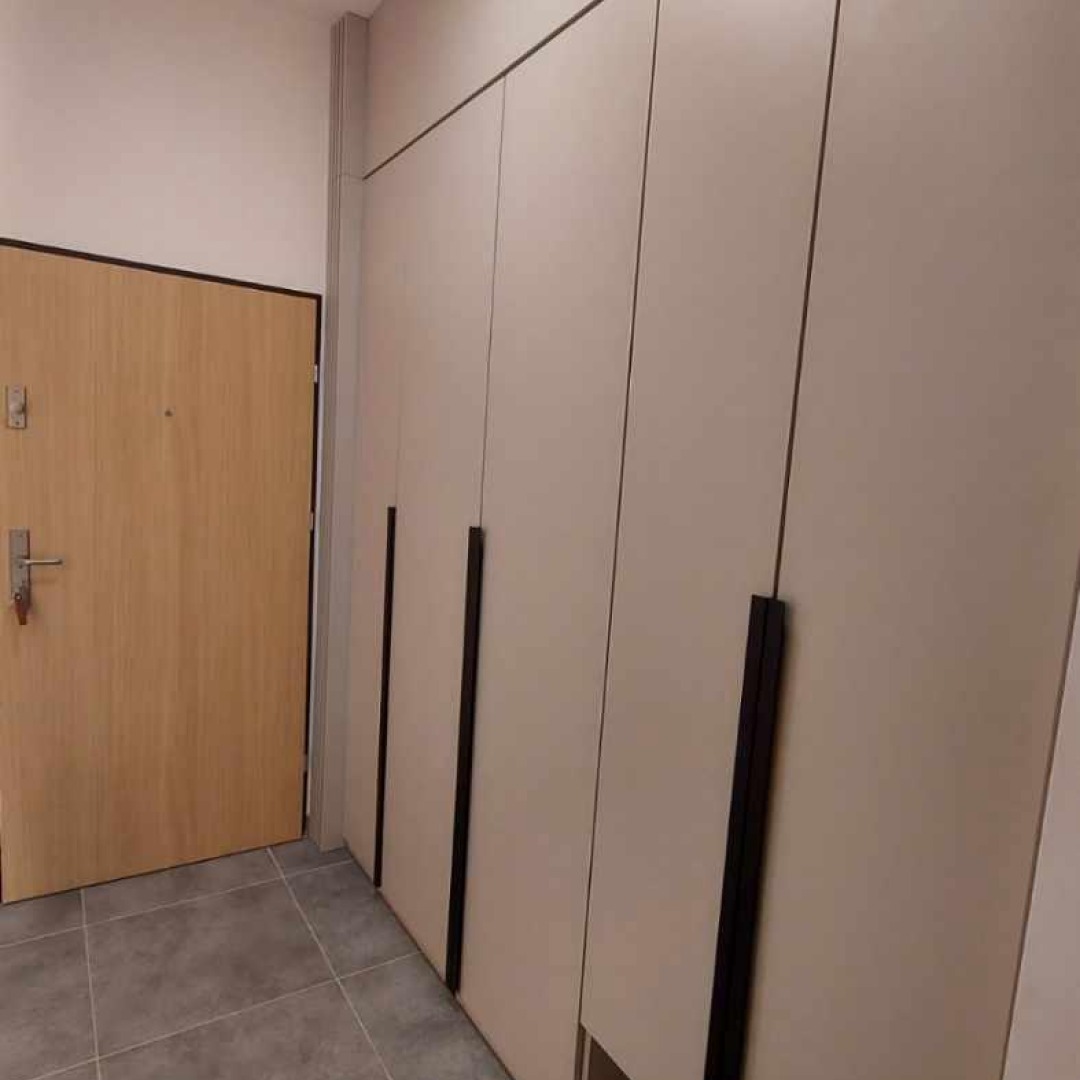 Beżowa szafa wnękowa z czarnymi, pionowymi uchwytami, widoczna obok drewnianych drzwi wejściowych w korytarzu z szarą podłogą.