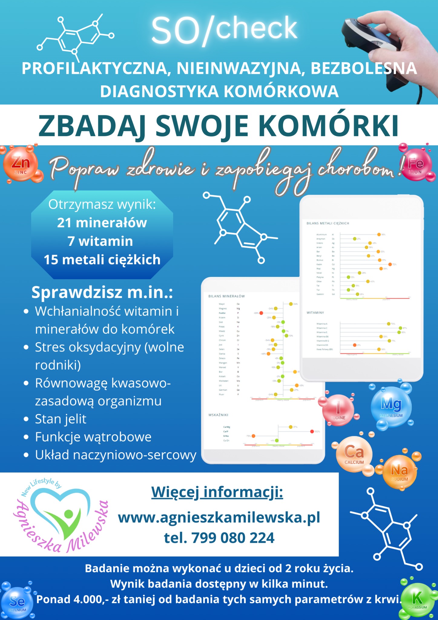 Grafika informacyjna z Ostrowca Świętokrzyskiego prezentująca badanie SO/check, profilaktyczną i nieinwazyjną diagnostykę komórkową, z informacjami o badanych minerałach, witaminach i metalach...