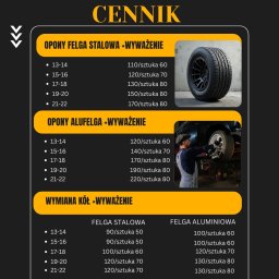 Zapraszamy do skorzystania z usług. Przykładowe ceny  serwisu opon. Ceny pozostałych usług na naszym profilu.