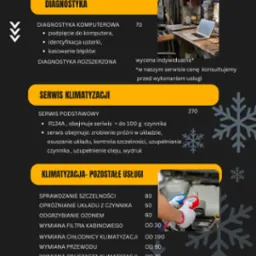 Cennik usług auto serwisu Tomibryka, obejmujący diagnostykę, serwis klimatyzacji i inne usługi związane z klimatyzacją, takie jak sprawdzanie szczelności, opr&oacute;żnianie układu, odgrzybianie ozonem...