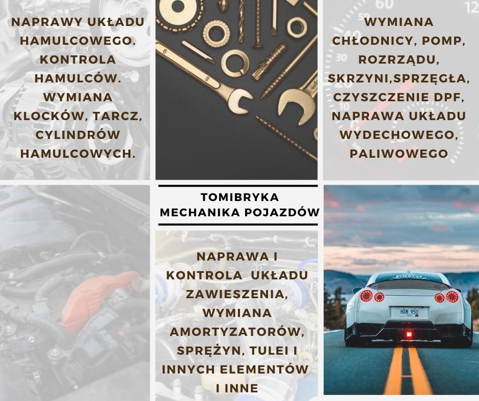 Kolaż z sześciu zdjęć: naprawa układu hamulcowego, narzędzia warsztatowe na ciemnym tle, wymiana chłodnicy i rozrządu, silnik samochodowy, naprawa zawieszenia, biały sportowy samochód na drodze.