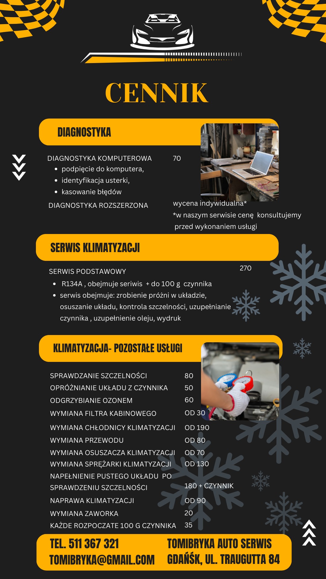 Cennik usług auto serwisu Tomibryka, obejmujący diagnostykę, serwis klimatyzacji i inne usługi związane z klimatyzacją, takie jak sprawdzanie szczelności, opróżnianie układu, odgrzybianie ozonem...