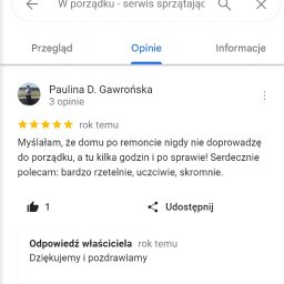 Serwis Sprzątający W Porządku - Zrzut ekranu z opinią w Google o firmie sprzątającej po remoncie, użytkowniczka Paulina D. Gawrońska poleca za rzetelność i uczciwość.