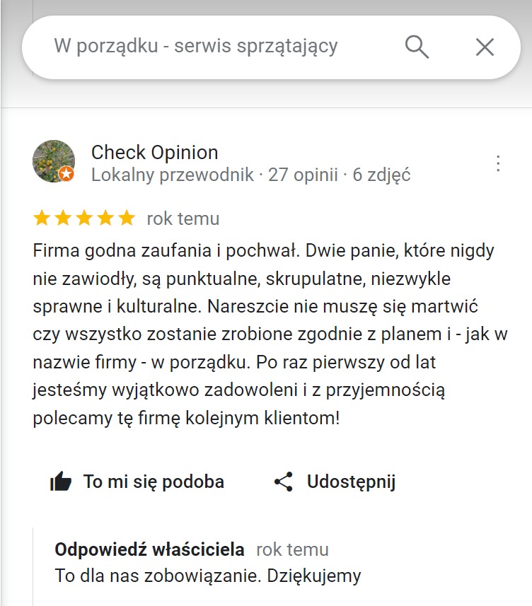Opinia klienta o firmie sprzątającej z oceną pięciu gwiazdek, podkreślająca punktualność, skrupulatność i niezawodność usług.