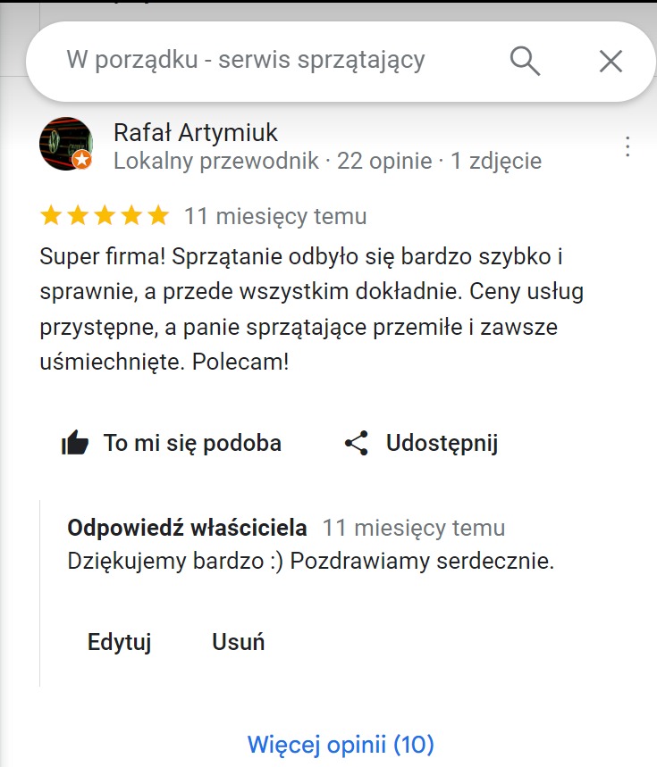 Zrzut ekranu pozytywnej opinii o serwisie sprzątającym, podkreślający szybkość, dokładność i uprzejmość personelu, z widocznymi gwiazdkami oceny i odpowiedzią właściciela.
