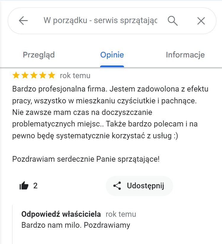 Zrzut ekranu z opinią klienta na temat serwisu sprzątającego, z oceną pięciogwiazdkową i pozytywnym komentarzem o czystości mieszkania i profesjonalizmie firmy, wraz z odpowiedzią właściciela.