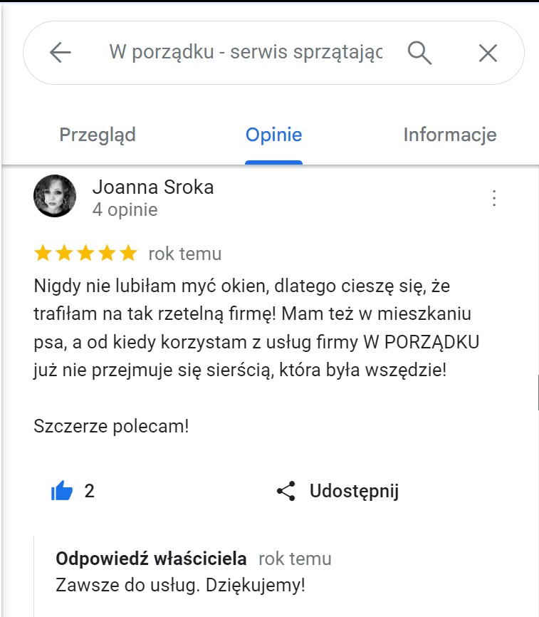 Zrzut ekranu opinii klientki Joanny Sroki z Google o firmie sprzątającej, chwalącej rzetelność i skuteczność w usuwaniu sierści psa.