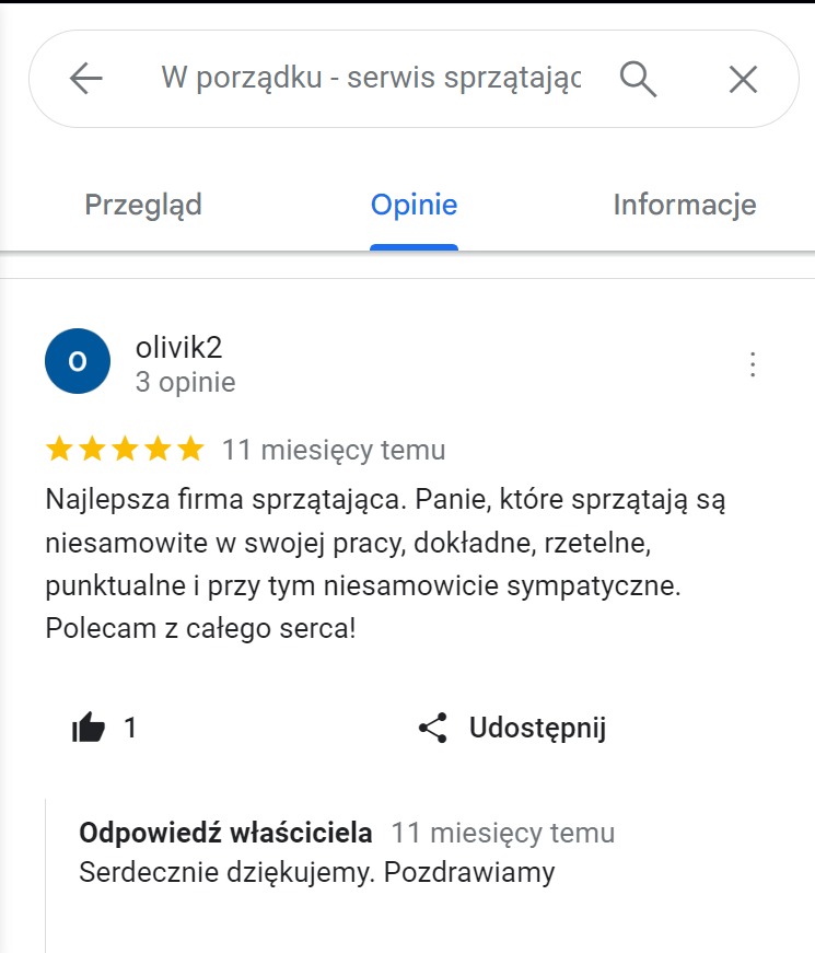 Zrzut ekranu recenzji Google firmy sprzątającej z oceną pięciu gwiazdek, zawierający pozytywną opinię klienta o dokładności, rzetelności i sympatycznym personelu.