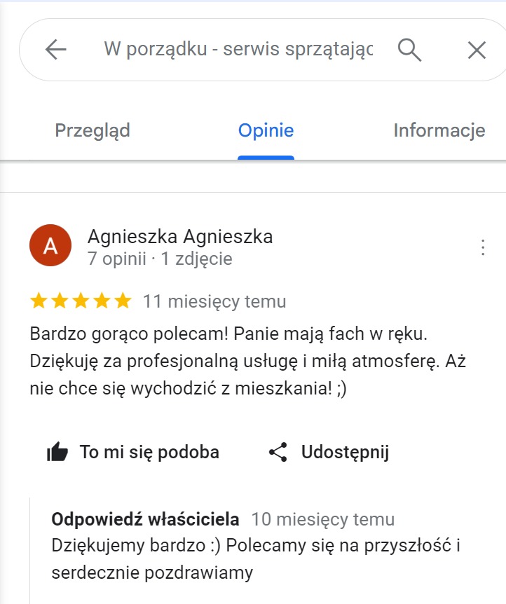 Zrzut ekranu z opinią w Google o firmie sprzątającej, zawierającą pięć gwiazdek i pozytywny komentarz o profesjonalnej usłudze i miłej atmosferze.