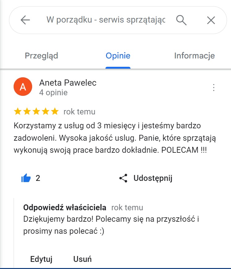 Zrzut ekranu opinii klienta Anety Pawelec, z oceną 5 gwiazdek dla serwisu sprzątającego, z pochwałami za wysoką jakość usług i dokładność pracy.