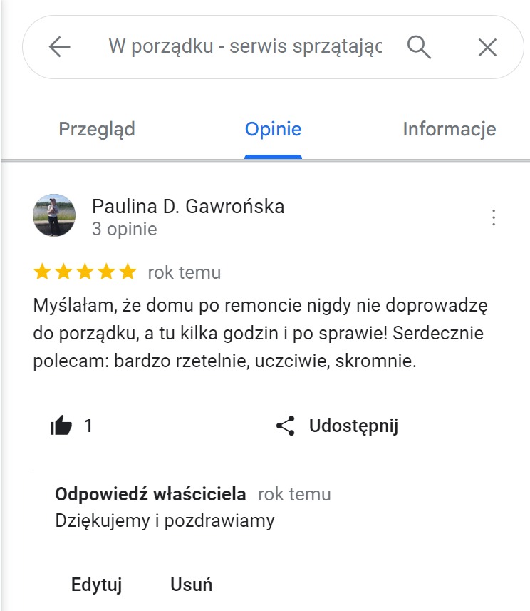 Zrzut ekranu z opinią w Google o firmie sprzątającej po remoncie, użytkowniczka Paulina D. Gawrońska poleca za rzetelność i uczciwość.
