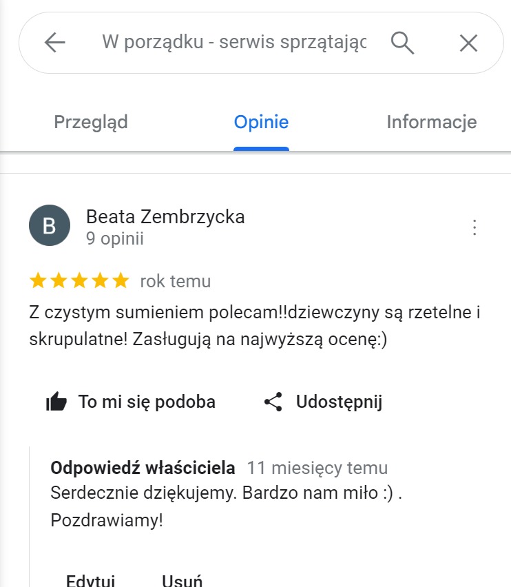 Zrzut ekranu opinii w Google o serwisie sprzątającym, z 5 gwiazdkami i pozytywnym komentarzem użytkowniczki Beaty Zembrzyckiej chwalącej rzetelność i skrupulatność.