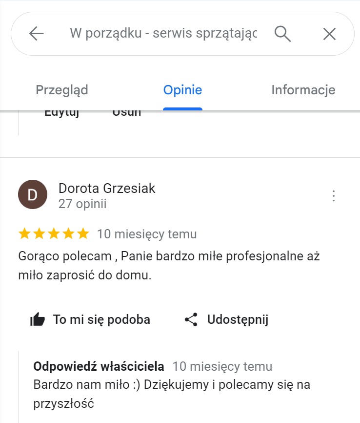 Zrzut ekranu z recenzją Google dla serwisu sprzątającego, zawierającą pięć gwiazdek i pozytywną opinię o miłej i profesjonalnej obsłudze.