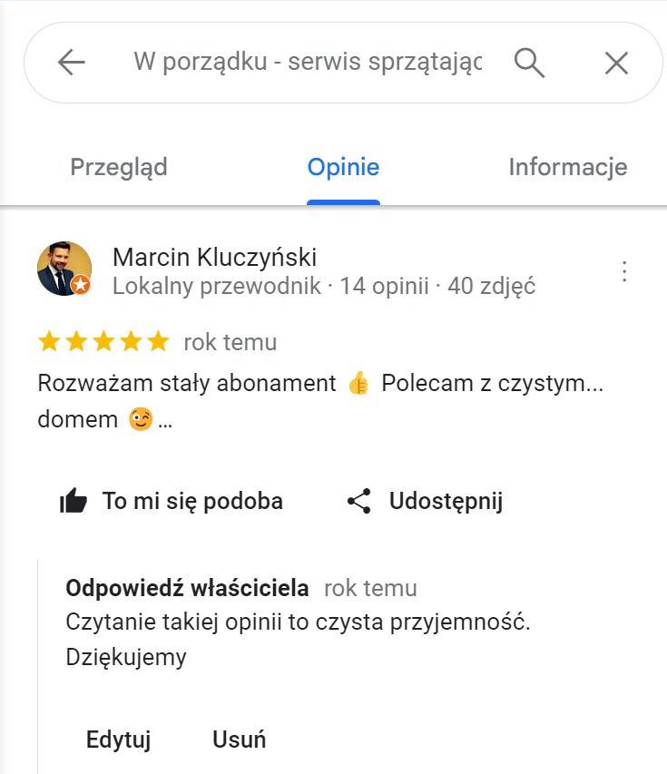Zrzut ekranu opinii użytkownika Marcina Kluczyńskiego o serwisie sprzątającym, z oceną pięciu gwiazdek i pozytywnym komentarzem o rozważaniu stałego abonamentu.
