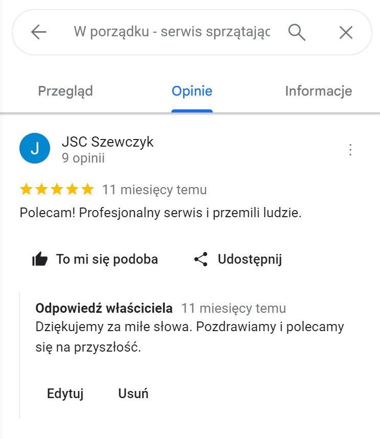 Zrzut ekranu z recenzją firmy sprzątającej JSC Szewczyk z 5 gwiazdkami, polecającą profesjonalny serwis i miłych ludzi, wraz z odpowiedzią właściciela dziękującego za miłe słowa.