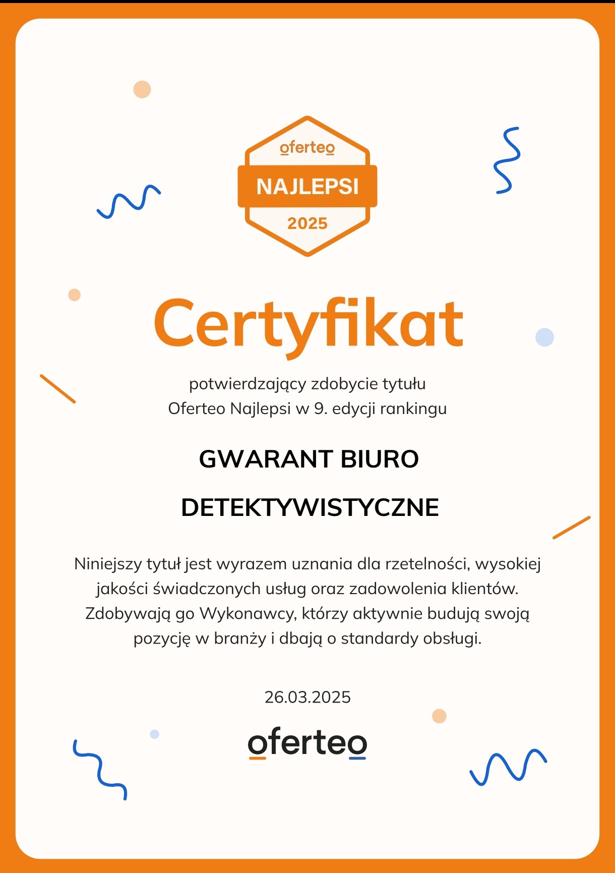 Certyfikat Oferteo Najlepsi 2025 dla biura detektywistycznego, potwierdzający zdobycie tytułu w 9. edycji rankingu.