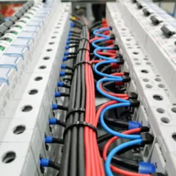 Wnętrze rozdzielnicy elektrycznej z uporządkowanymi przewodami w kolorach: czarnym, czerwonym i niebieskim. Widoczne moduły i złączki Legrand.