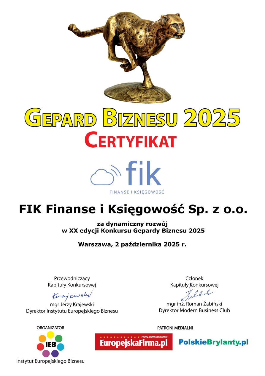 Certyfikat Gepardy Biznesu 2025 dla FIK Finanse i Księgowość Sp. z o.o. za dynamiczny rozwój w XX edycji konkursu. Statuetka geparda na dokumencie.