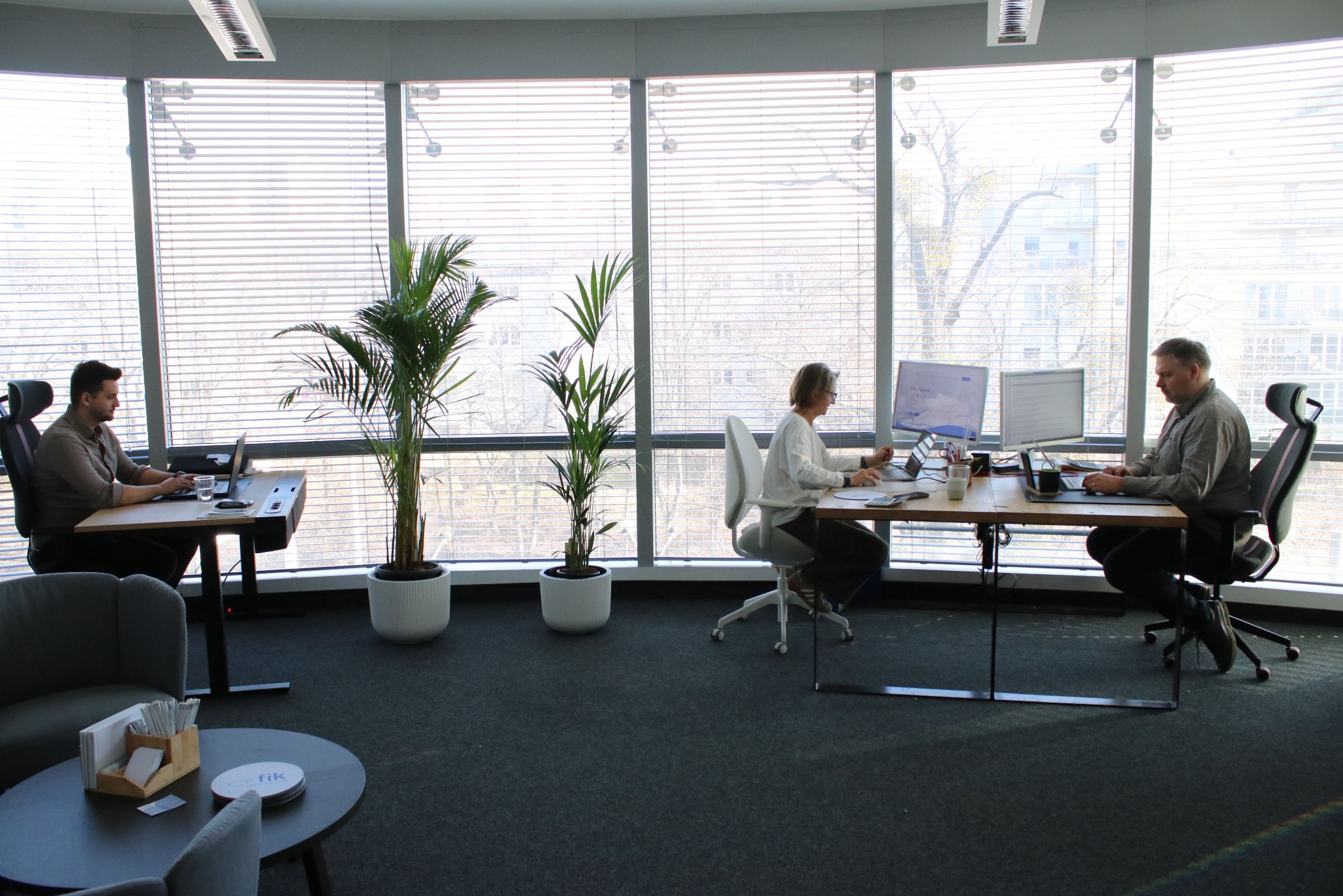 Jasne biuro z trzema osobami pracującymi przy biurkach, duże okna z widokiem na zewnątrz, rośliny doniczkowe i nowoczesne wyposażenie. Kameralna atmosfera pracy.