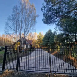 Nowoczesne, czarne ogrodzenie panelowe przed domem z podjazdem wyłożonym kostką, otoczone drzewami w jesiennej scenerii.