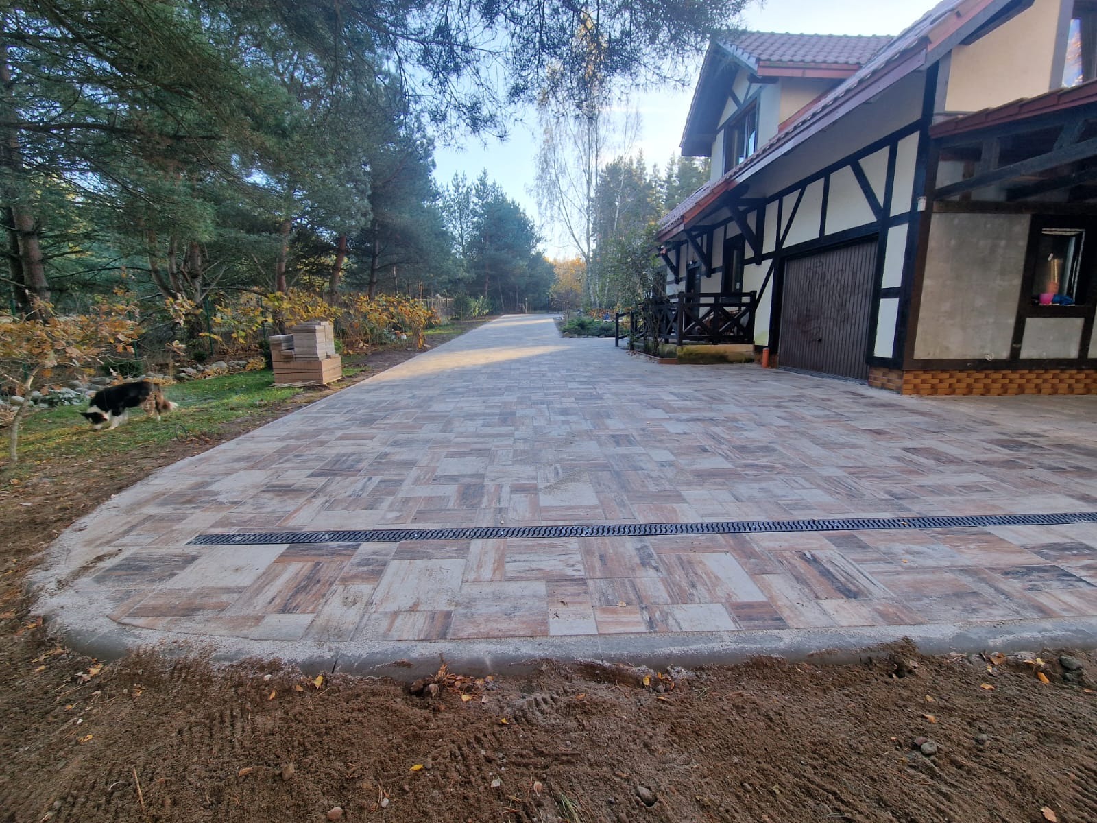 Ukończona nawierzchnia z kostki brukowej w odcieniach brązu i szarości, z liniowym odpływem wody, prowadząca do domu z elementami szachulcowymi, pies w tle.