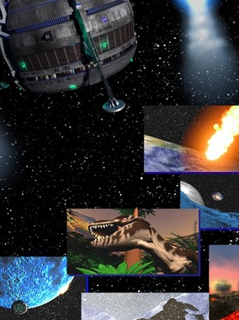 Kompozycja cyfrowa przedstawiająca stację kosmiczną na tle kosmosu, z kolażem obrazów dinozaura, planet i uderzenia meteorytu w Ziemię.