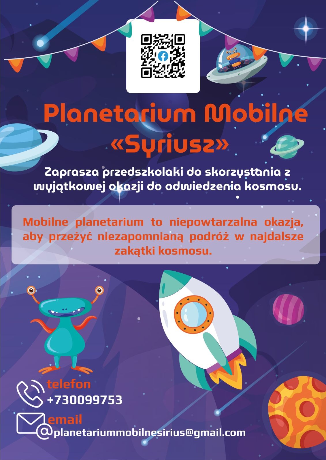 Grafika reklamowa mobilnego planetarium 'Syriusz' z motywami kosmicznymi, ufoludkiem i rakietą, zapraszająca przedszkolaków do odwiedzenia kosmosu.
