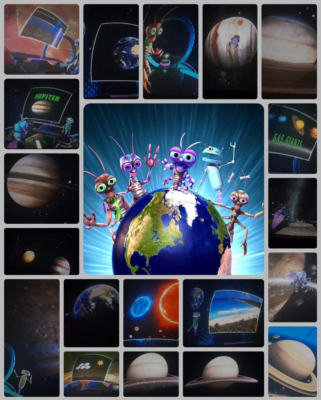 Kolaż zdjęć z planetami Układu Słonecznego i animowanymi kosmitami stojącymi na Ziemi, całość utrzymana w jasnej, kolorowej stylistyce.