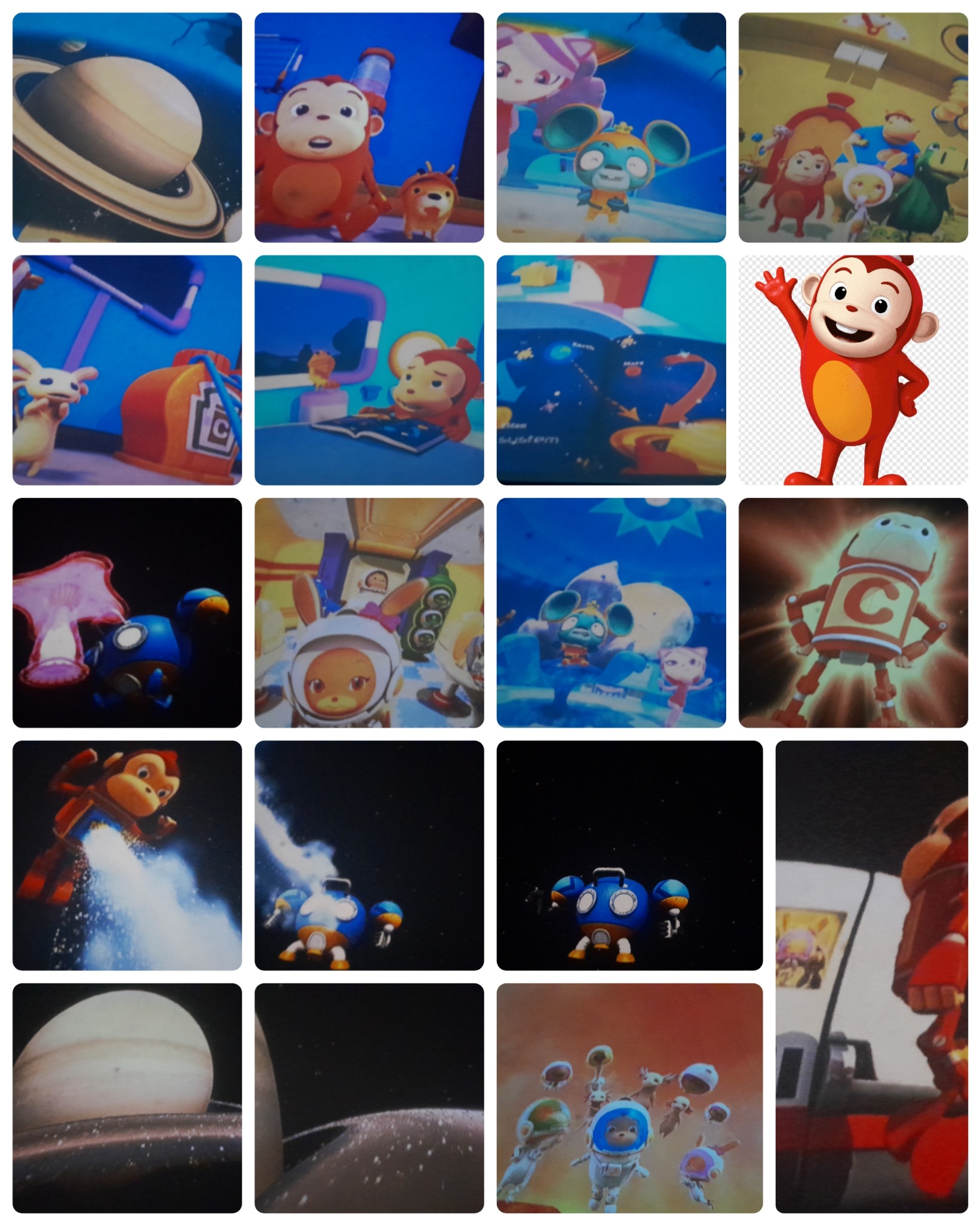 Zestaw różnorodnych kadrów z animacji dla dzieci, przedstawiających postacie zwierząt w kosmicznych sceneriach, w tym Saturn, wnętrze statku kosmicznego i postacie w skafandrach.