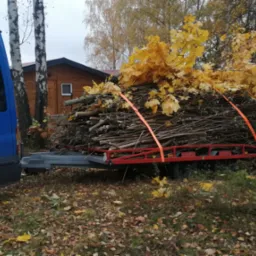 Niebieski bus z przyczepką załadowaną gałęziami i pniem drzewa z żółtymi liśćmi, zabezpieczonymi pomarańczowymi pasami transportowymi, na tle jesiennego lasu i drewnianego domku.